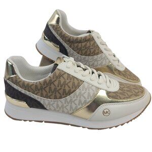 NEW Michael Kors Andi Trainer Sneakers Cream Multi Sz 10 Gold MK Signature Logo